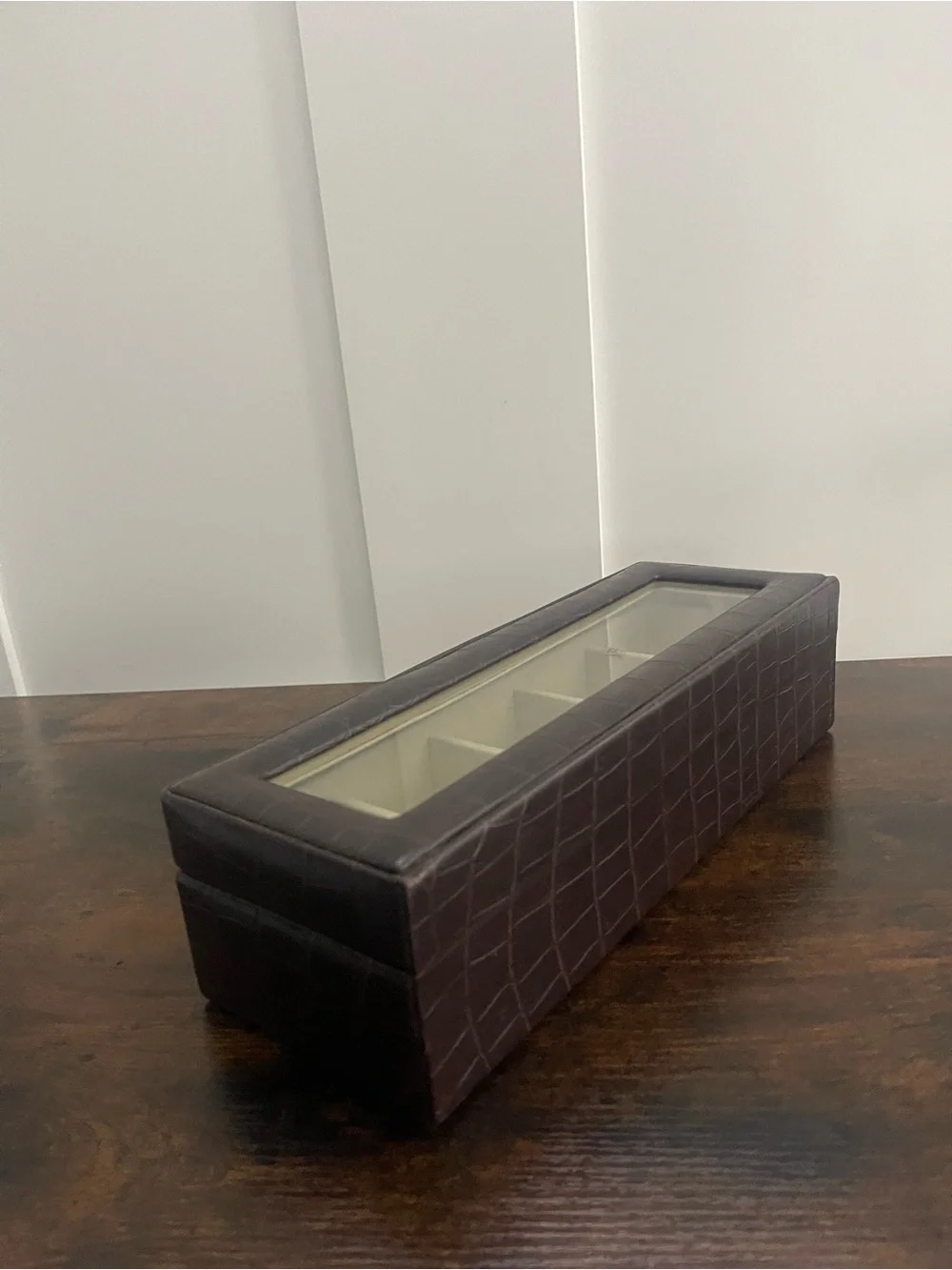 Leather-Look Dark Brown Watch Storage Case with Glass Top